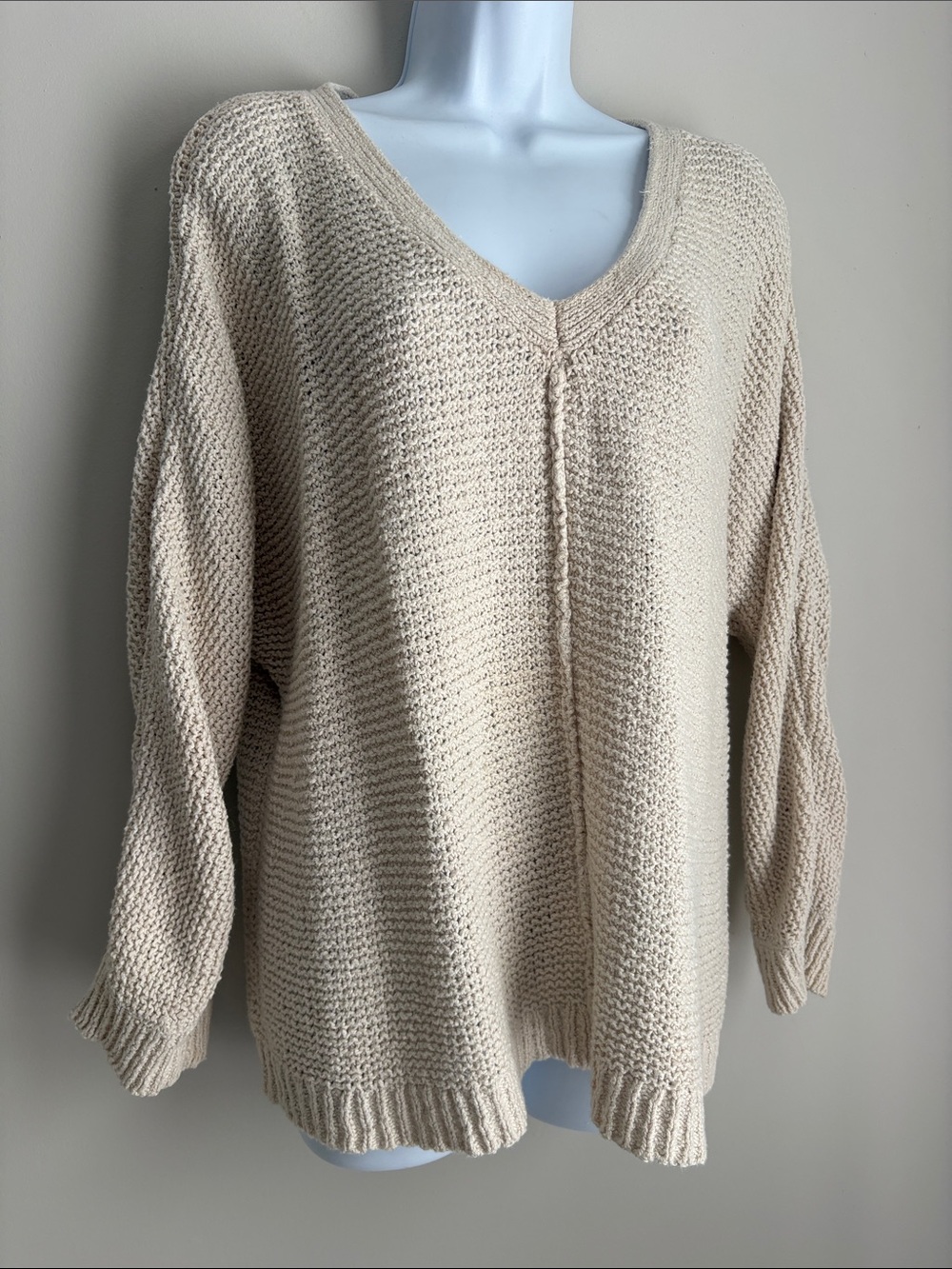 Free People Cream V-Neck Textured Knit Sweater